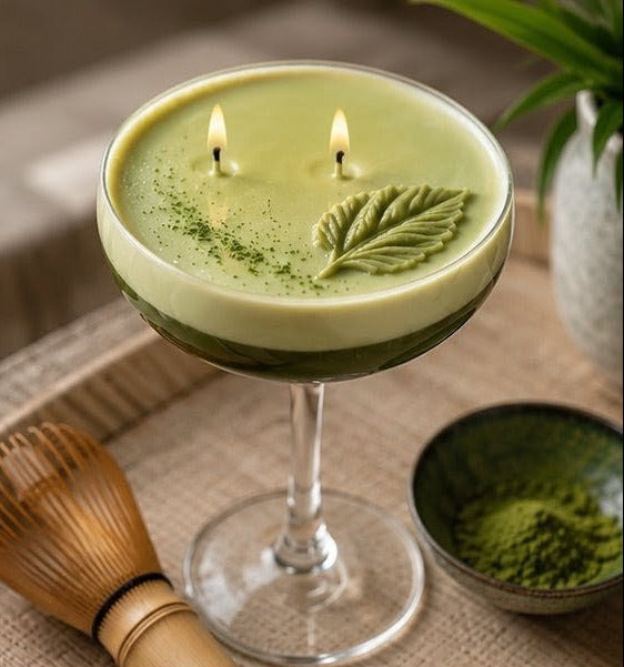 matcha inspired cocktail candle with green leaf